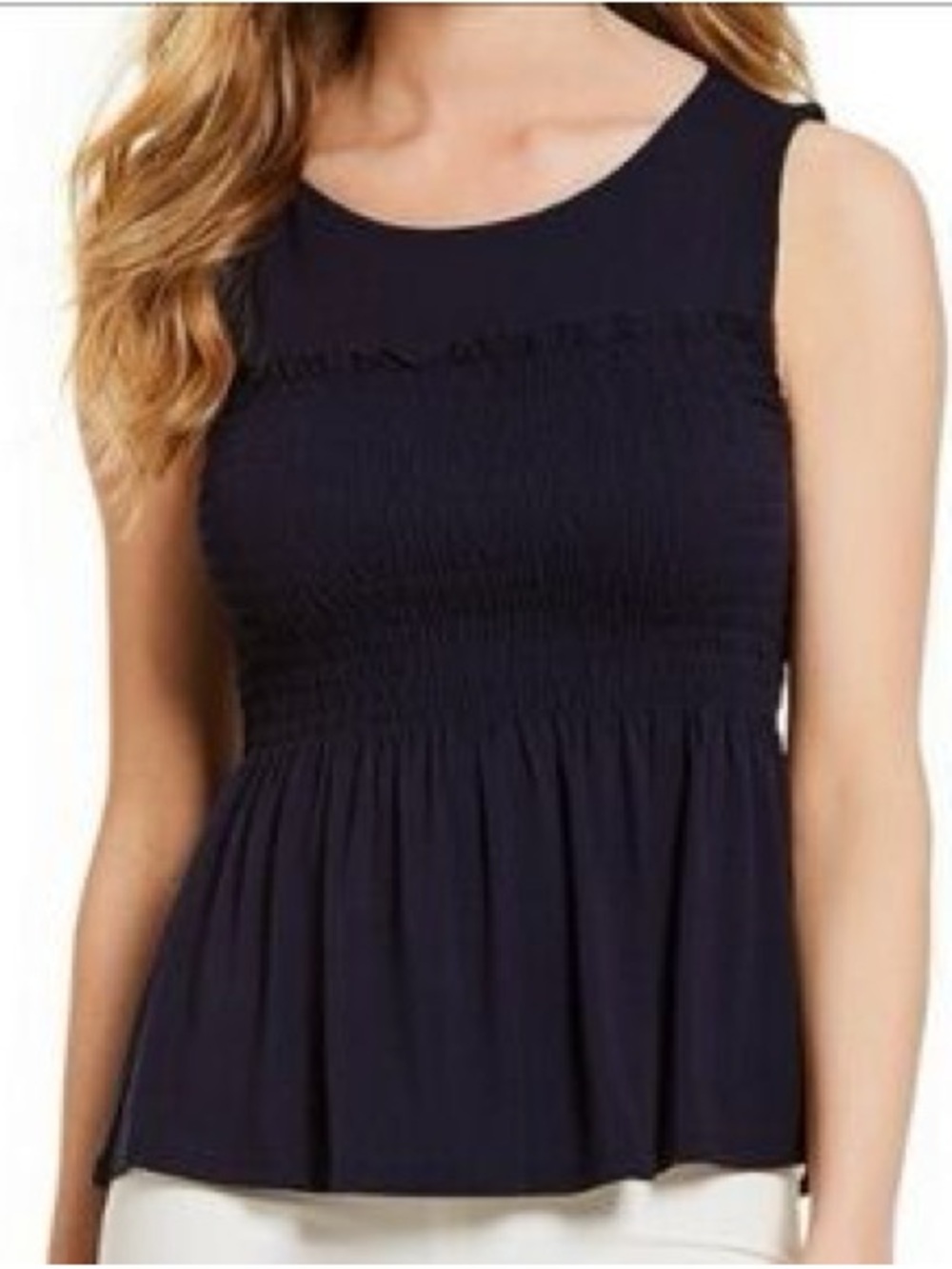 Gianni Bini Navy Smocked Peplum Sleeveless Top